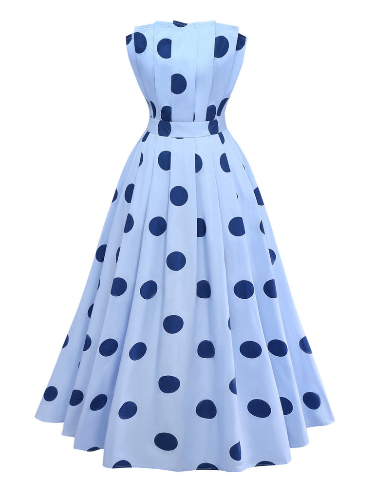 Blau 1940er Polka Punkte Trägerlos Plissiertes Kleid