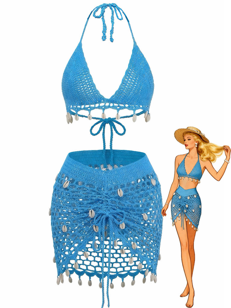 Blauer gehäkelter Strandbikini im Stil der 1970er Jahre – Vintage-Mode, Retro-Stil