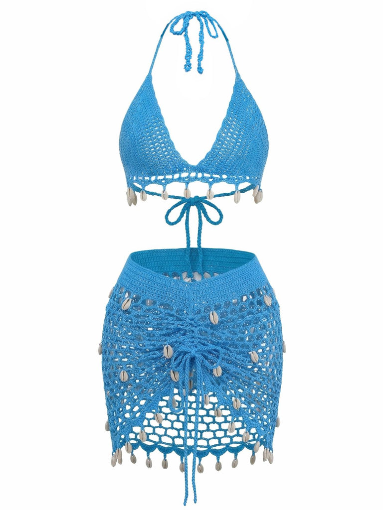 Blauer gehäkelter Strandbikini im Stil der 1970er Jahre – Vintage-Mode, Retro-Stil
