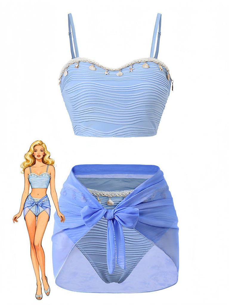 Material: 3-teiliges blaues Bikini-Set aus speziellem Muschelstoff im Stil der 1940er Jahre, Vintage-Charme, perfekt für Liebhaberinnen von Vintage-Mode