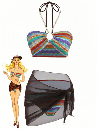 Buntes, gestreiftes Bikini-Oberteil mit passendem Rock und Abbildung einer Frau, die es trägt.