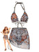 3PCS Kaffee 1970er Ethno Muster Bikini Set & Cover-Up