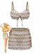 Dreiteiliges, khakifarbenes Häkelbikini-Set im Vintage-Stil mit durchbrochenem Strickmuster und passendem Überwurf, ideal für einen schicken Resorturlaub.