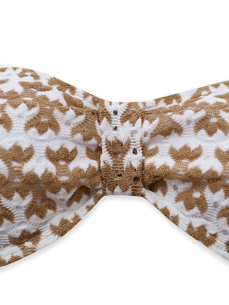 3-teiliges khakifarbenes Bikini-Set im Stil der 1950er Jahre mit Häkelmuster und passendem Überwurf