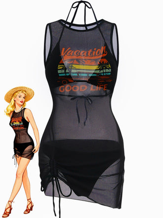3PCS Schwarz 1960er Urlaubs Print Netz Halter Bikini Set & Cover-Up