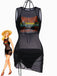 3PCS Schwarz 1960er Urlaubs Print Netz Halter Bikini Set & Cover-Up