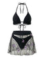 3PCS Schwarz 1980er Schmetterling Netz Bikini Set & Cover-Up