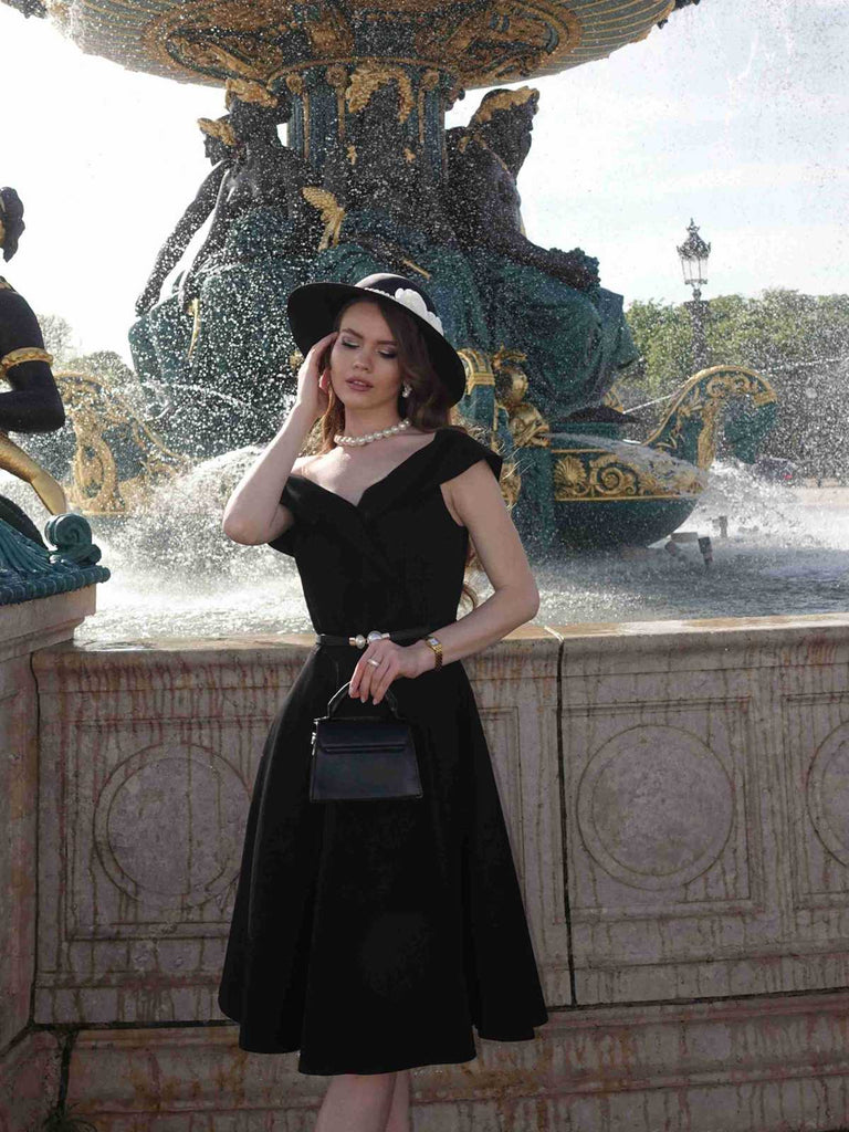 Schwarz 1950er Schulterfrei V-Ausschnitt Solide Swing Kleid