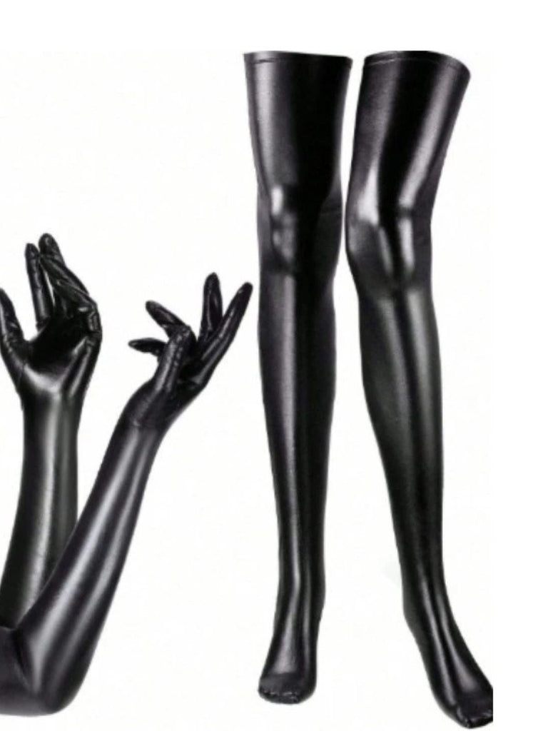 Halloween Schwarz PU-Leder Handschuhe & Overknee-Socken Set
