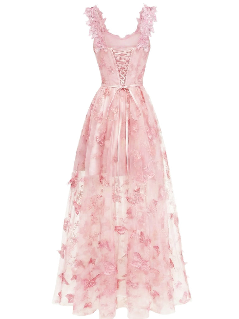 1930er Spaghetti Träger 3D Schmetterlinge Netz Maxi Kleid