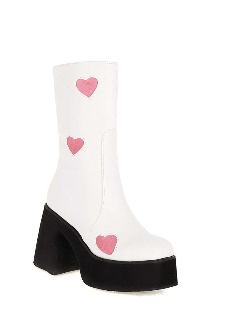 Hollow Herzen Leder Klobige Plateaustiefel