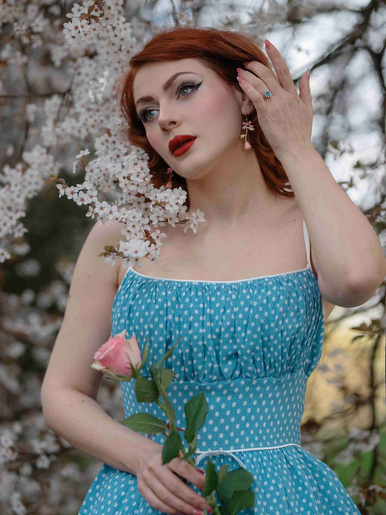 Himmelblau 1950er Polka Dot Swing Kleid mit Trägern