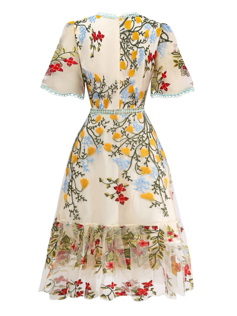 1940er Wasserlöslich Spitze Netz Stickerei Rüschen Kleid