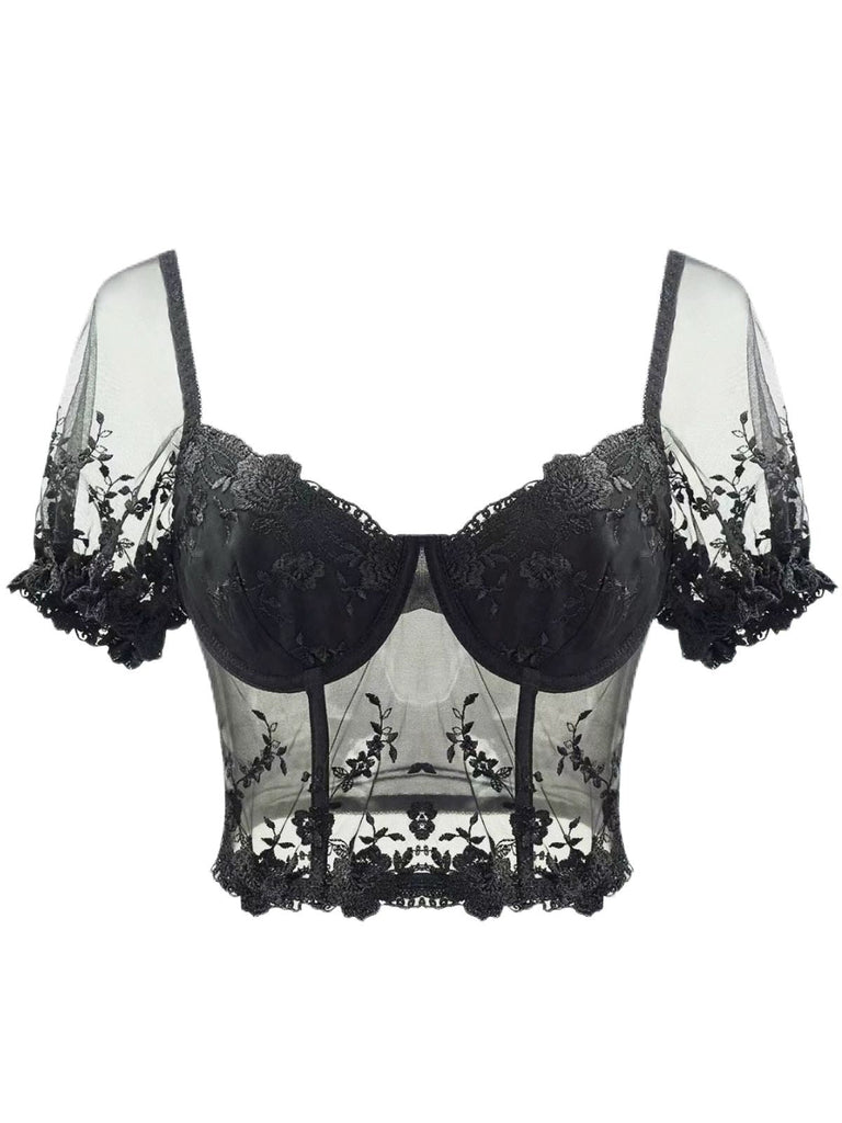 Schwarz 1970er Puffärmel Spitze Korsett Top