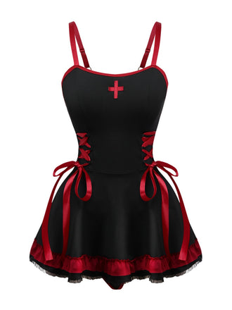 Schwarz 1950er Kreuz Kontrast Rüschensaum Nachthemd