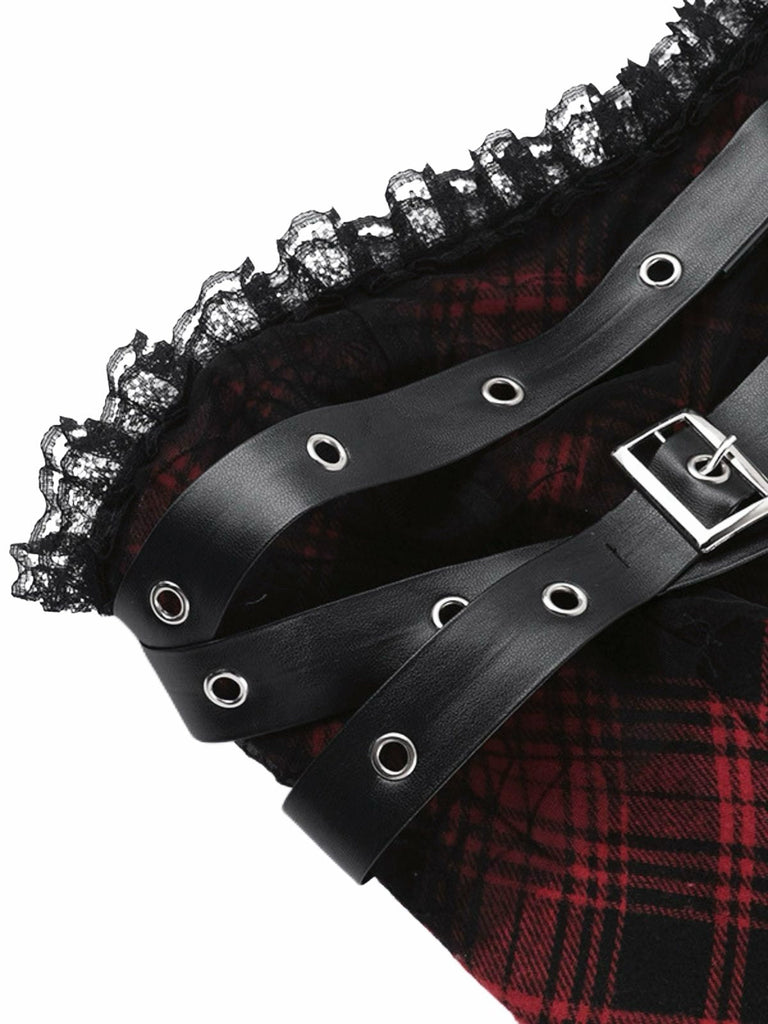 Rot 1970er Spinnennetz Netz Tartan Trägerlos Kleid