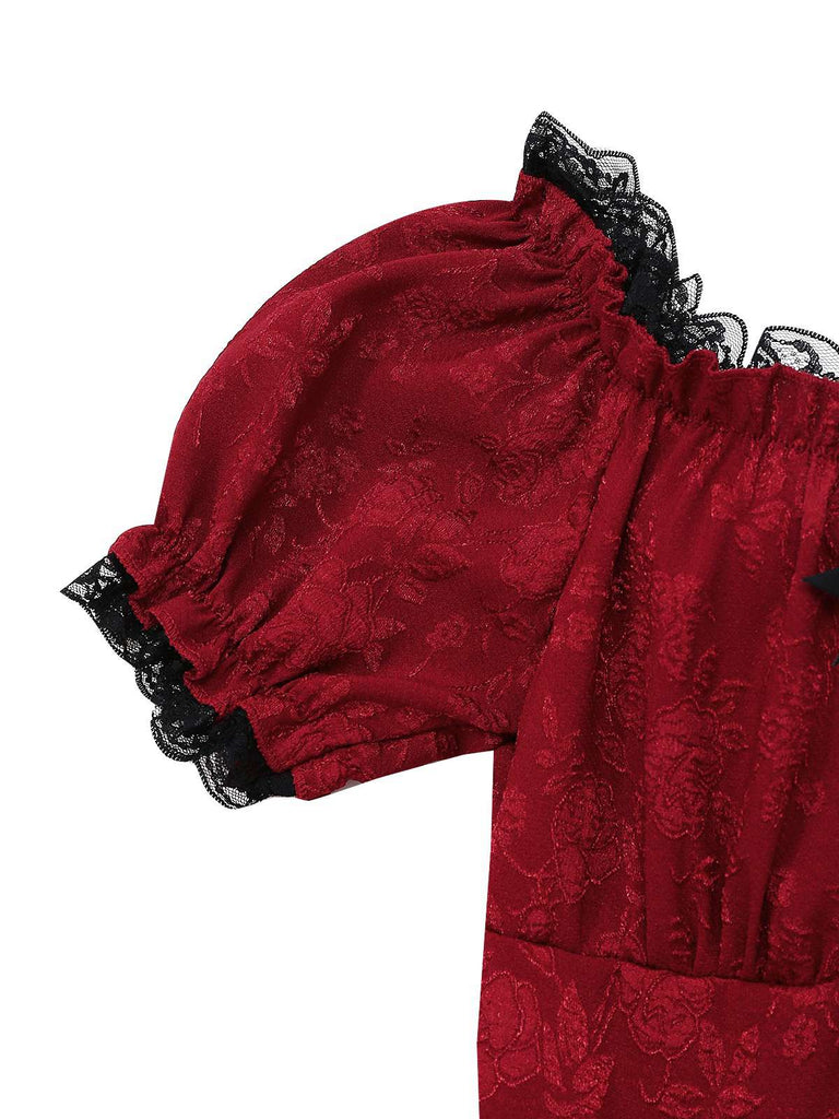 Rot 1970er Gothic Spitzen Bogen Schulterfrei Kleid