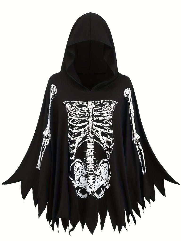 Schwarz 1970er Skeleton Knochen Drucken Cape Mit Kapuze