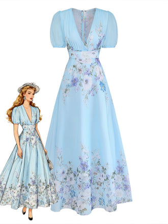 Hellblaues 50er Maxikleid mit Aquarellblumen