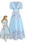 Hellblaues 50er Maxikleid mit Aquarellblumen und Puffärmeln