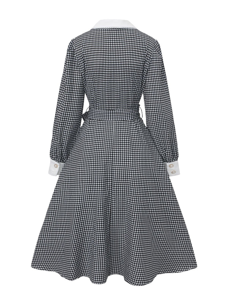 Schwarz 1940er Hahnentritt Puffärmel Perlen Taste Kleid
