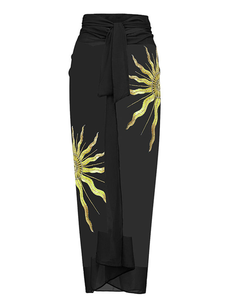 Schwarz 1950er Pailletten Sonnenblume Rückenfrei Badeanzug & Cover-Up