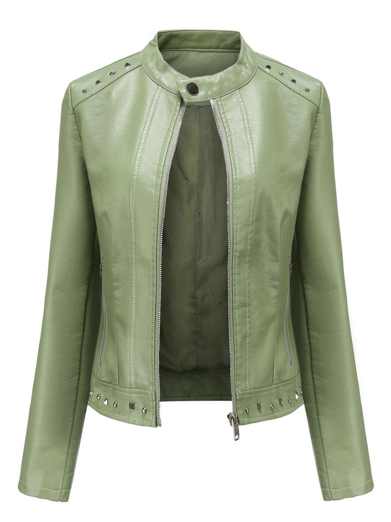 1940er Solide Nietenbesetzter Stehkragen Leder Jacke