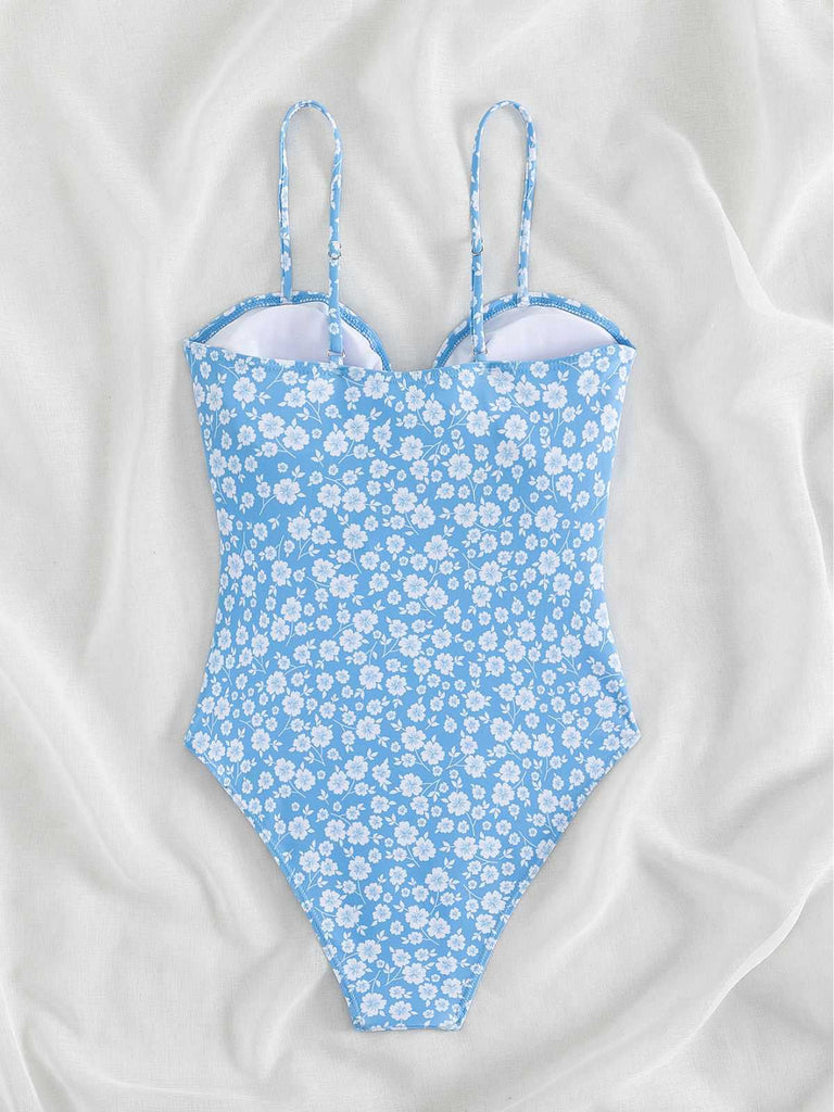 Hellblau 1950er Spaghetti Träger Hohl Blumen Bademode