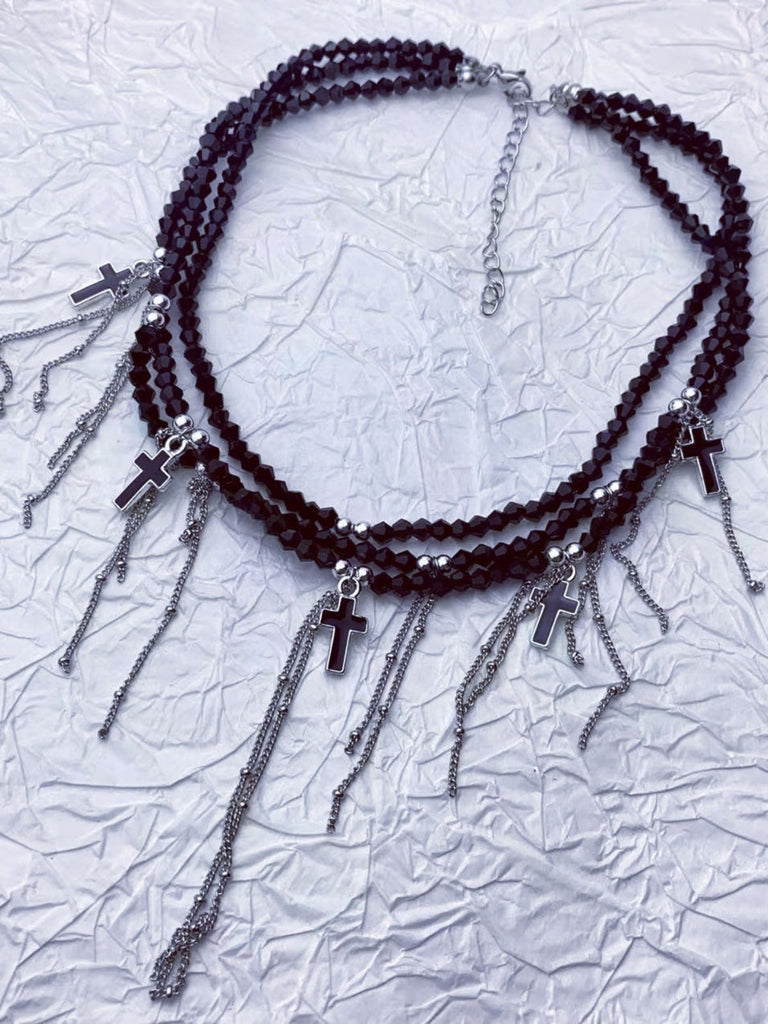 Gothic Quaste Kreuzanhänger  Mehrreihige Perlenkette