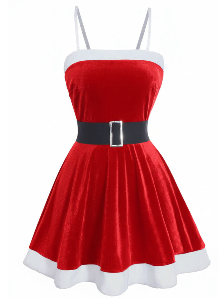 1970er Weihnachten Samt Plüsch Spaghetti Träger Mini Kleid