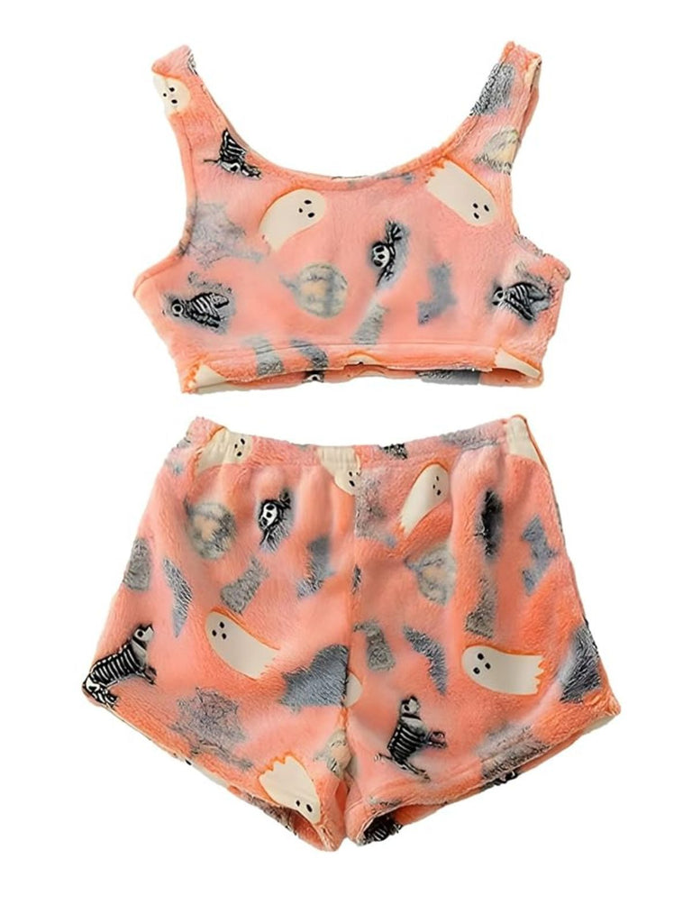 2PCS Orange 1960er Halloween Geist Vlies Pyjama Set