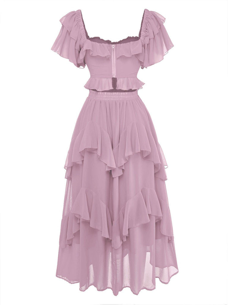 1950er Rüschen Gestuft Schulterfrei Maxi Kleid