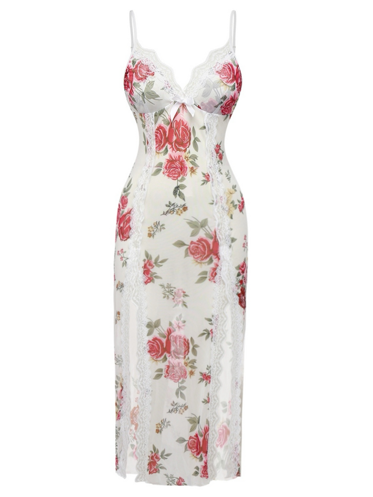 Weiß 1930er Spitze Blumen Netz Spaghetti Träger Nachthemd