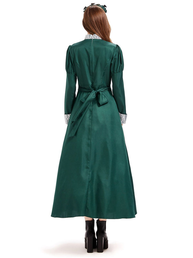 Grün 1950er Viktorianisch Satin Lang Dienstmädchen Kleid