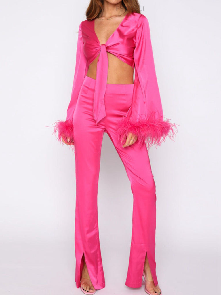 2PCS 1970er Feder Cuff Tie-Up Crop Top & Schlitz Hose