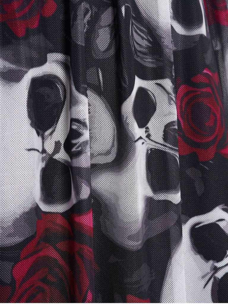 Schwarz 1950er Halloween Träger Schädel Rose Kleid