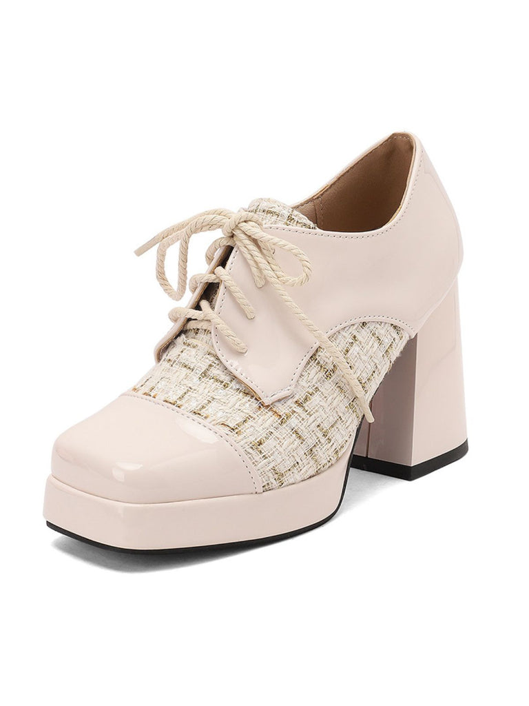 Mary Jane Kariert Quadratisch Zehen Block Absatz Schuhe