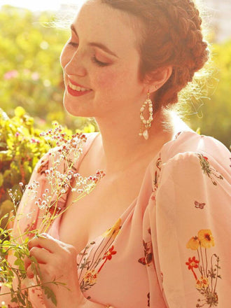 Rosa Blumen Und Vögel Bowknot VAusschnitt Kleid