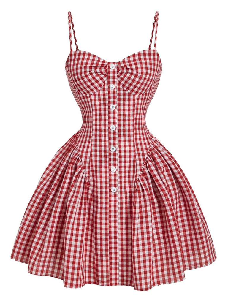 Rot 1950er Gingham Plaid Taste Spaghetti Träger Kleid
