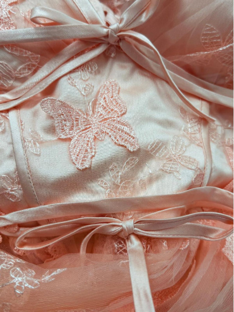 1930er Schmetterling Blumen Netz Bestickt Maxi Kleid