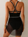 2PCS Schwarz 1960er Weiße Gezackte Kanten Badeanzug & Sheer Cover-Up