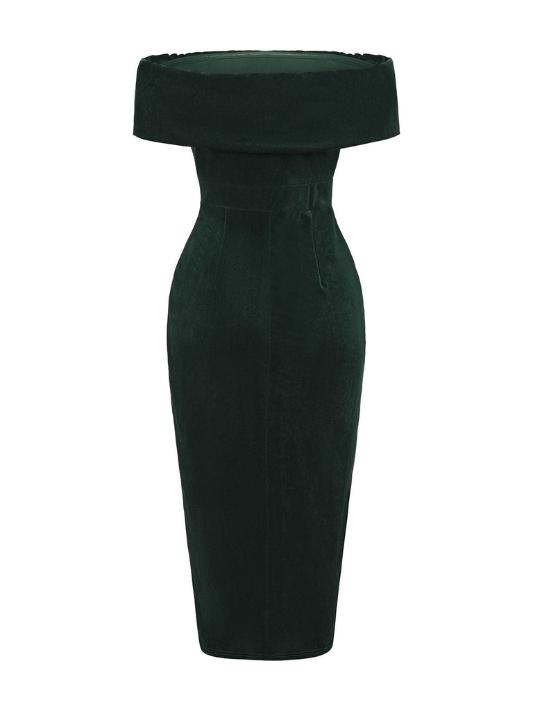 1980er Solide Samt Schulterfrei Midi Kleid