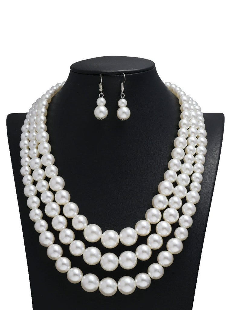 Vintage Mehrreihige Perle Halskette & Ohrring Set