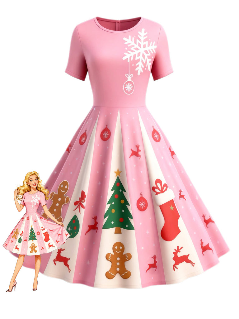 Rot & Grün 1950er Weihnachten Schneeflocke Swing Kleid