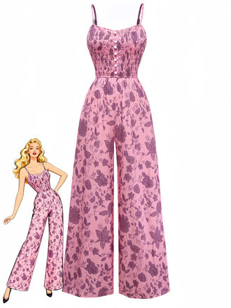 Rosa 1970er Spaghettiträger Blumen Gesmokt Jumpsuit