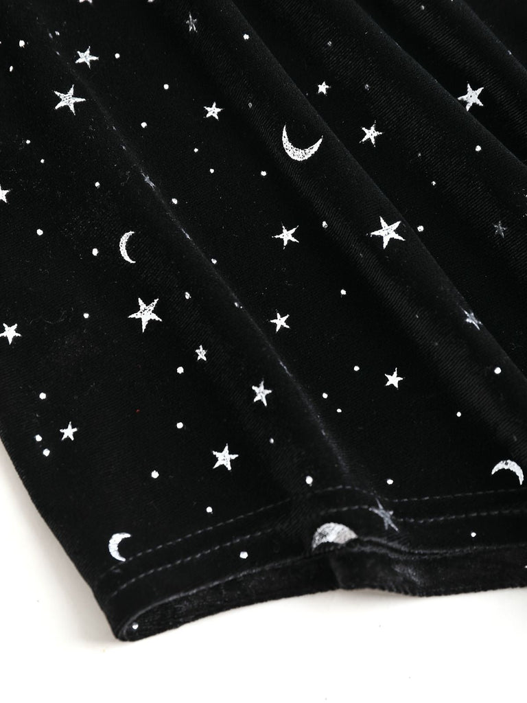 [Übergröße] Schwarz 1960er Stern V-Ausschnitt Samt Kleid
