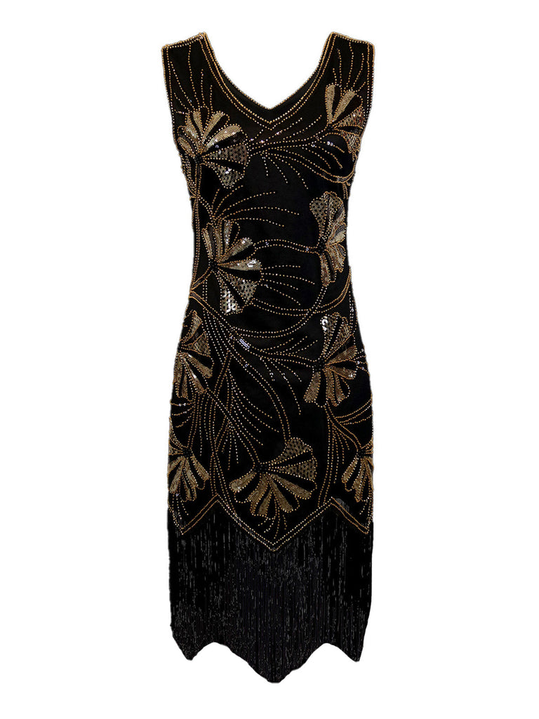 1920er V-Ausschnitt Pailletten Perlenbesatz Flapper Kleid