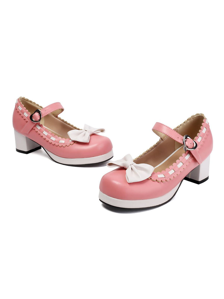 Klobiger Absatz Farbblock Bogen Marry Jane Schuhe
