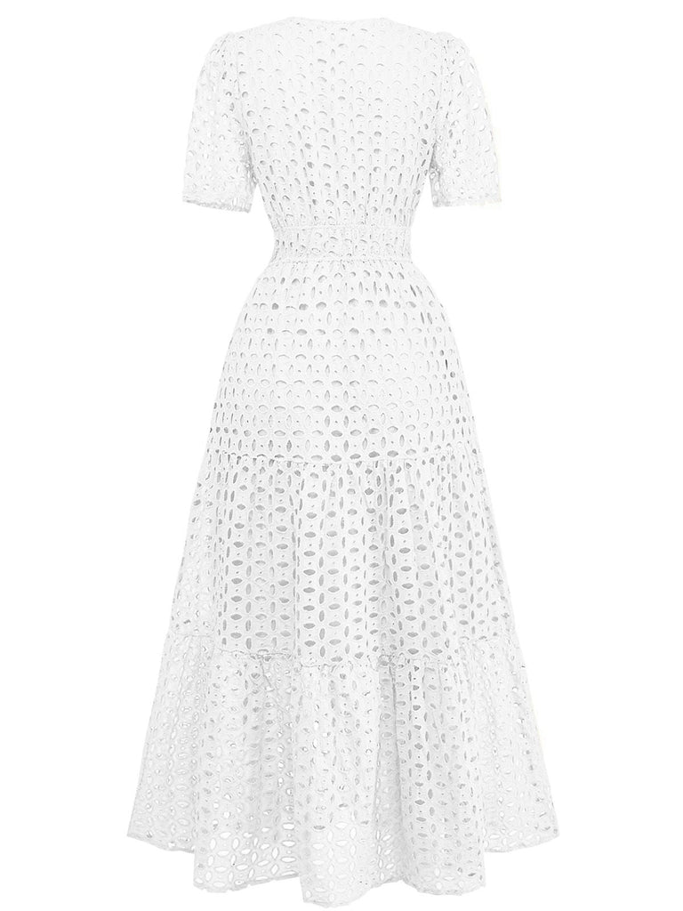 1940er Ösen Spitze V-Ausschnitt Gestuft Maxi Kleid
