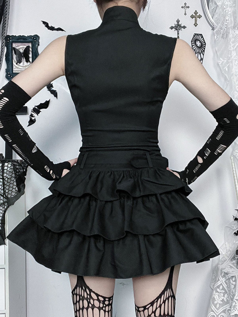 Schwarz 1980er Steampunk Solide Reißverschluss Gürtel Kleid